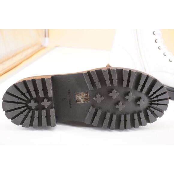 Tory Burch Combat White Crackled Suede Lace Up Ankle Boots SZ 10 Lug Logo $495 - Picture 8 of 9